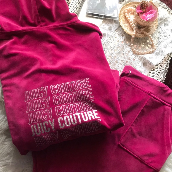 Juicy Couture Velour Jacket Hoodie Pant Full Tracksuit Hot Pink Barbie Large Y2k - Picture 1 of 17